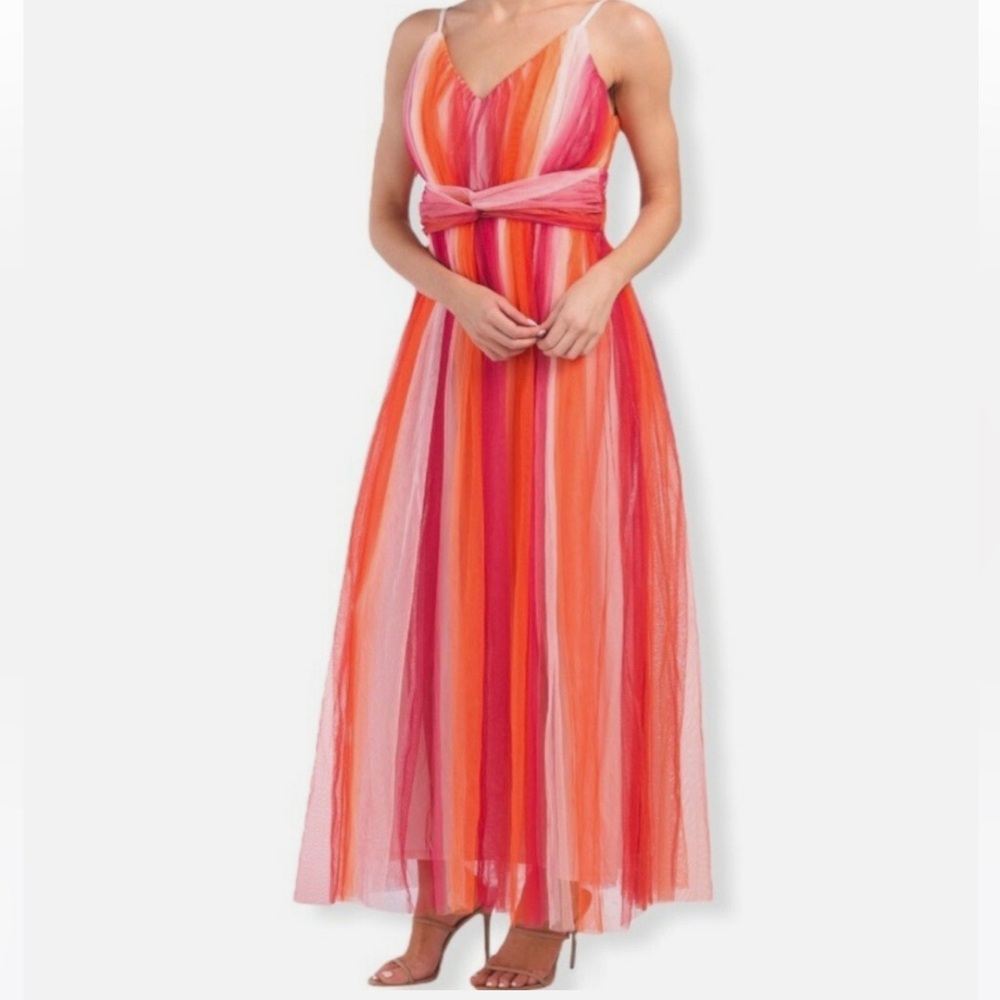 RACHEL Rachel Roy Multicolor Pink Orange Fall Striped Tulle Empire Midi Dress